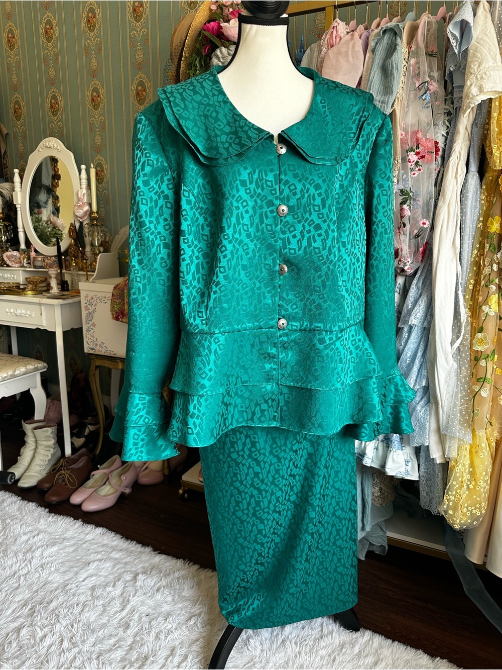 90s Y2K Signature Teal Satin Jacquard Peplum Pencil Skirt and Top Set